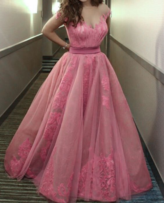 Beautiful Pink Prom Dresses Lace Cap Sleeves Sheer Neck cg21844