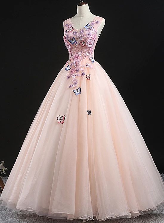 Charming Pink Flowers Ball Gown Long Sweet 16 Dress, Pink Prom Dress cg22091
