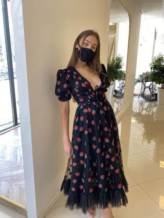 Strawberry Midi Dress Black Prom Dress cg22476