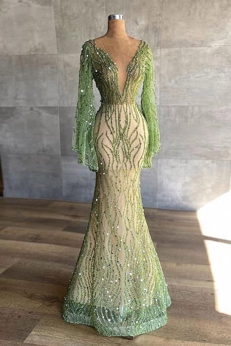 Sexy Deep V Neck Green Prom Dress 2022 Full Sleeve Crystals Sequined Mermaid Fashion Evening Gown cg23096