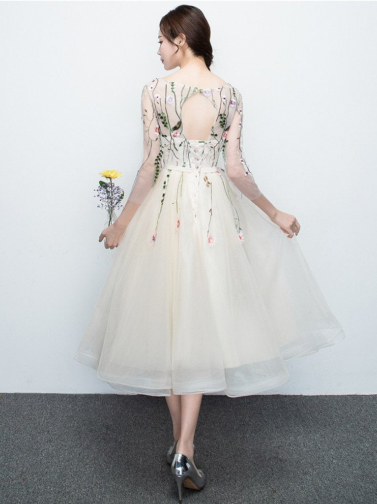 Light Champagne Tea Length Floral Lace Formal Dress Bridesmaid Dress, Cute Short Party Dresses prom dress, evening dress cg23602