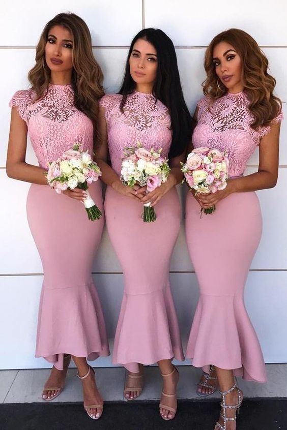 Mermaid Jewel Lace Cap Sleeves Hi-Low Asymmetry Pink Bridesmaid Dresses prom dress evening dress cg23735