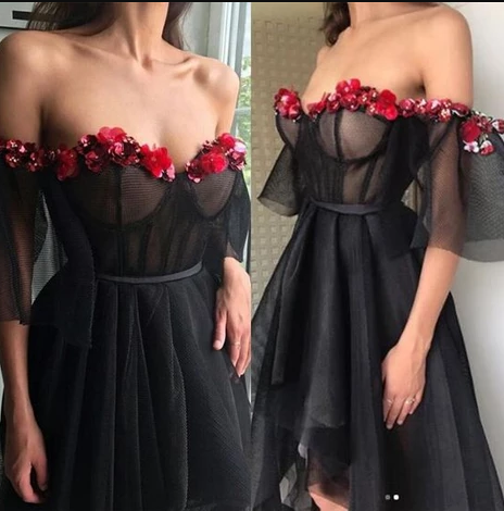 Off the Shoulder Black Prom Dress With Flower cg4882