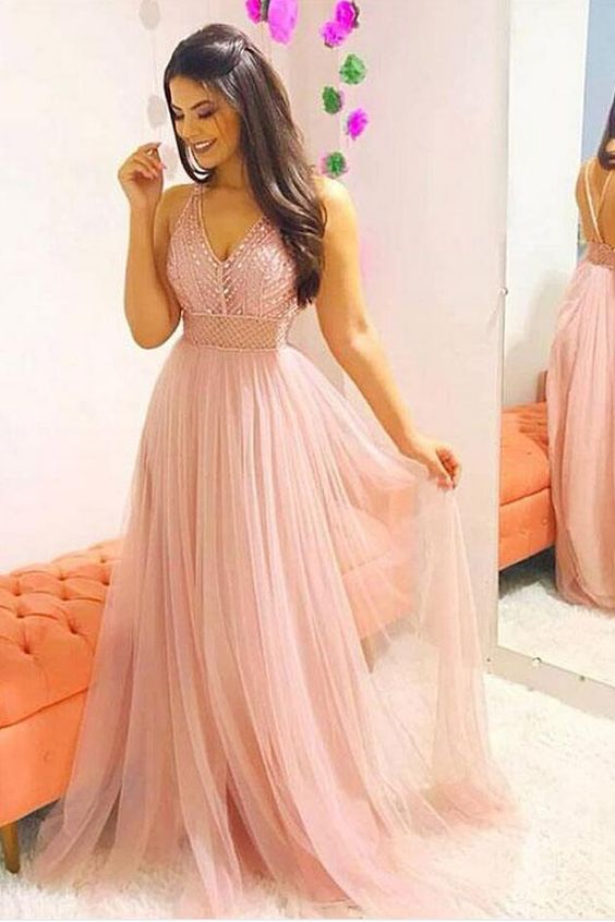 Pink v neck tulle beaded long prom dress, pink evening dress cg5701