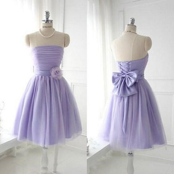 Cute A line Homecoming Dress,Strapless Tulle Bridesmaid Dress,Knee Length Wedding Party Dress,Puffy Party Dress with Bow cg5944