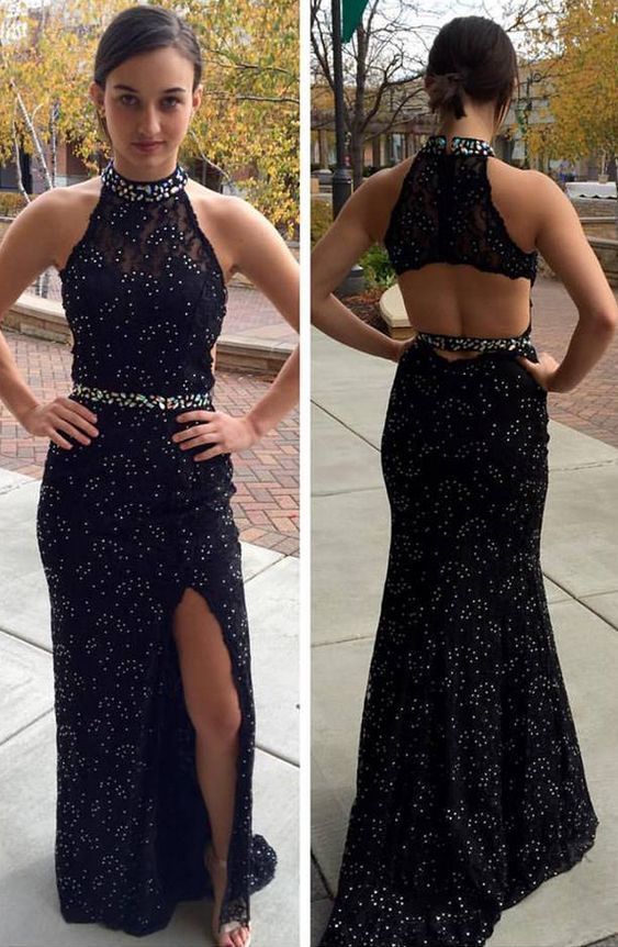 Black Prom Dress, Mermaid Beaded Prom Dresses,Sleeveless Halter Prom Dress cg5969