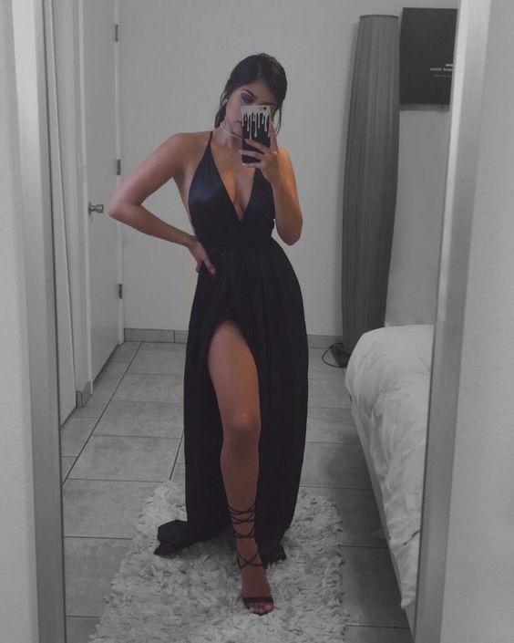 V Neck Black Prom Dress with Slit cg6192