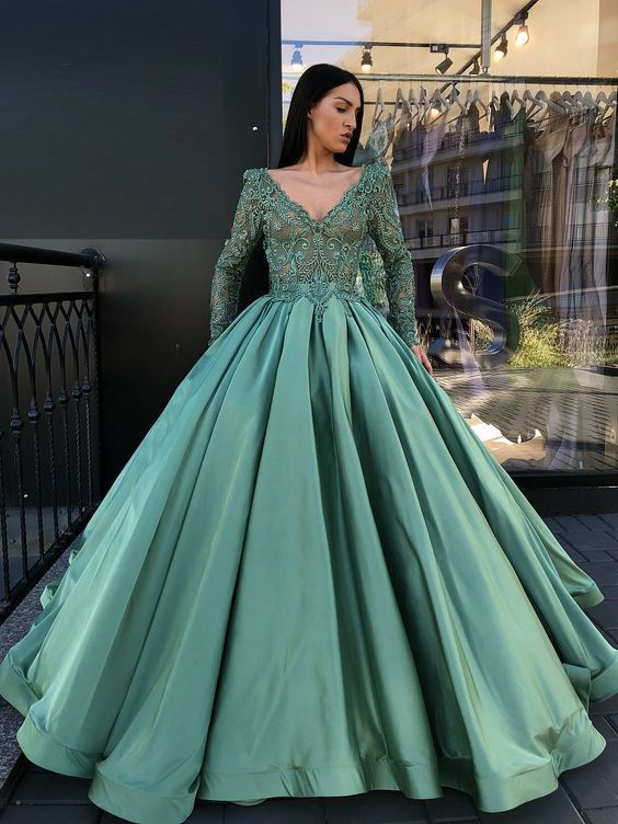A-line V neck Green Prom Dresses Long Sleeve Lace cg6335