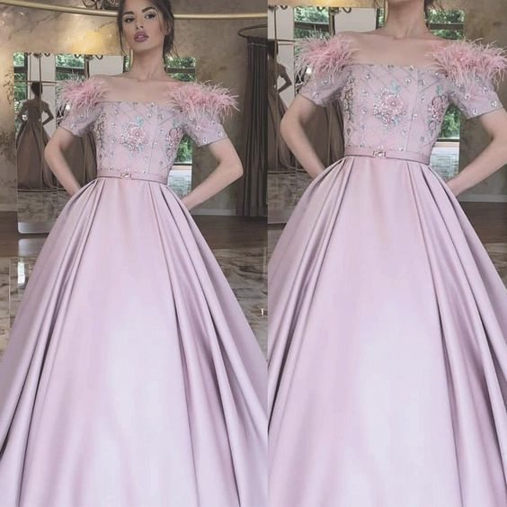 Pink prom dress ball gown short sleeve feather beaded boat neckline elegant prom gown cg6382