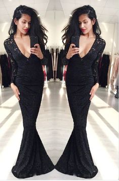 Mermaid Prom Dresses,Black Prom Dress,Long Sleeve Prom Dress,Lace Formal Gown cg6734