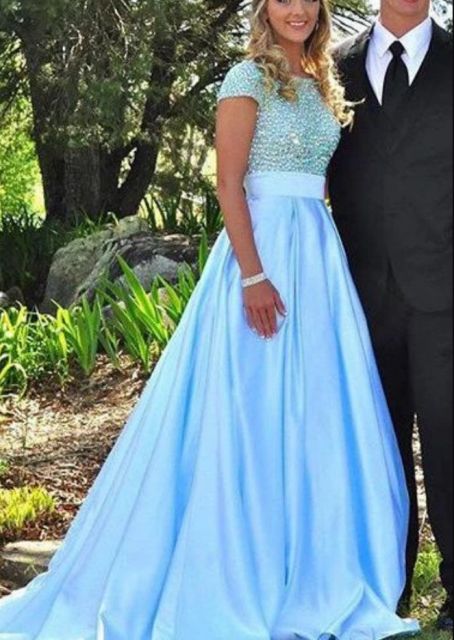 Blue Prom Dresses Round Neck Beading Satin cg7329