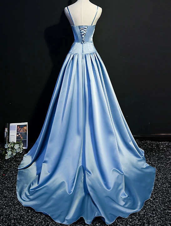 Blue Sweetheart Satin Long Party Gown With Straps, Blue Prom Dress 2020 cg7805