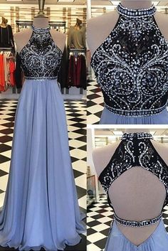 Charming Prom Dress, Black and Blue Prom Dress, Halter Prom Dress, Beads Top Sleeveless Open Back Evening Gown Formal Prom Dress cg7966