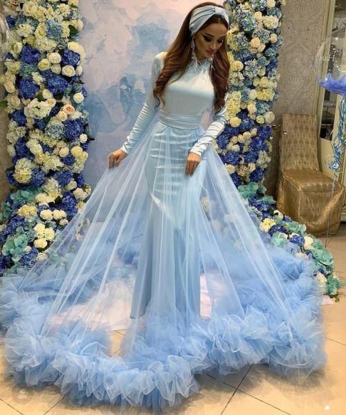 blue prom dresses long sleeve high neck elegant floral tulle cheap prom gown cg8308