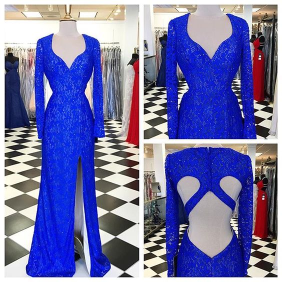 Royal Blue Prom Dresses,Lace Evening Dress,Sexy Prom Dress,Prom Dresses With Long Sleeves,Charming Prom Gown cg8639