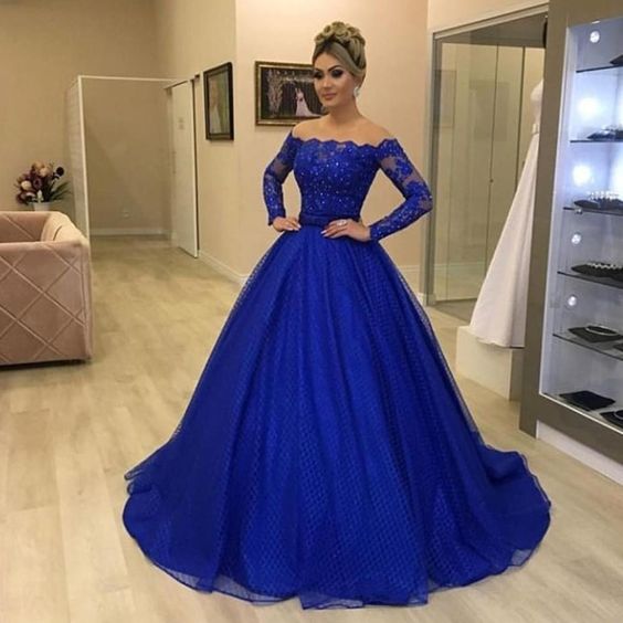 royal blue prom dresses 2020 long sleeve ball gown lace evening dresses cg9036