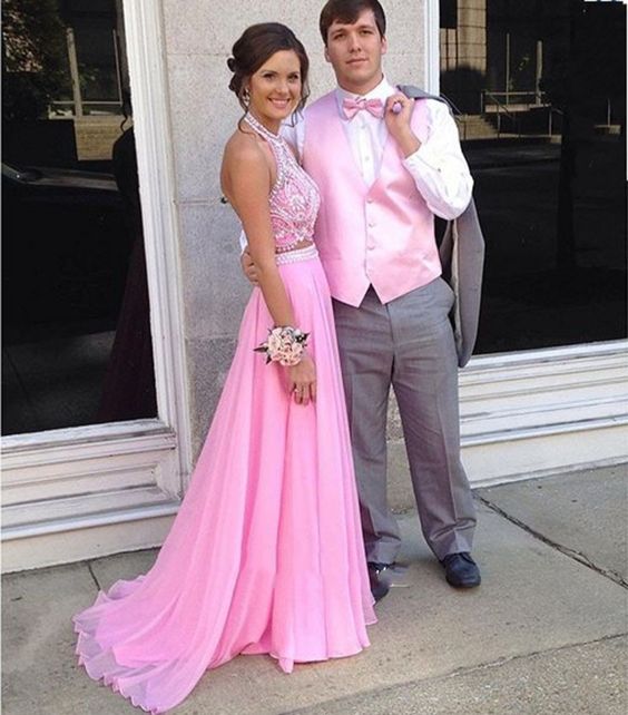 Pink Prom Dress with Beading,Two Pieces Prom Dress,A Line Prom Dress,Long Formal Party Gown cg9705