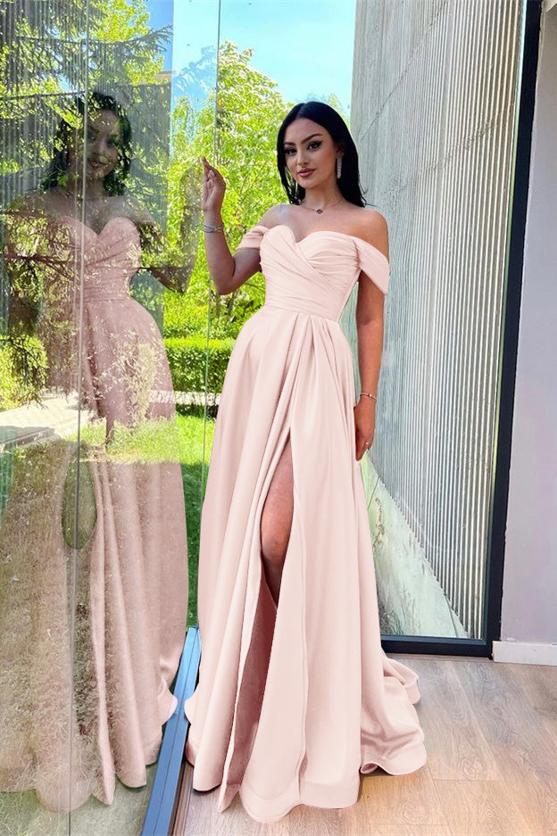 Dusty Pink Glorious Off-The-Shoulder Evening Front Split Prom Dress With Sweetheart | Zelldresses