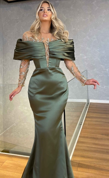 Green Prom Dress Off-the-shoulder Long Sleeves Beaded Embellished Mermaid Dress YL0193