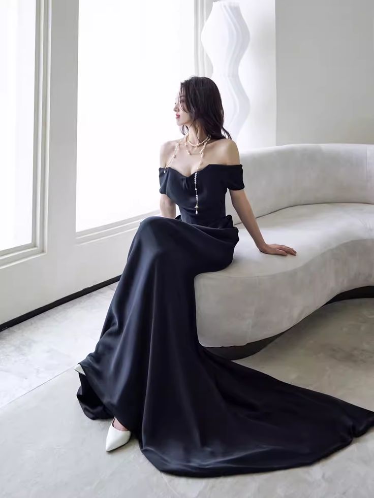 Simple Mermaid Off The Shoulder Black Prom Dresses Evening Dress fg6846