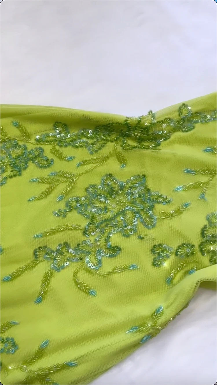 Shiny A Line Spaghetti Strap Sequin Beaded Green Chiffon Open Back Party Dress Evening Dress SH2851