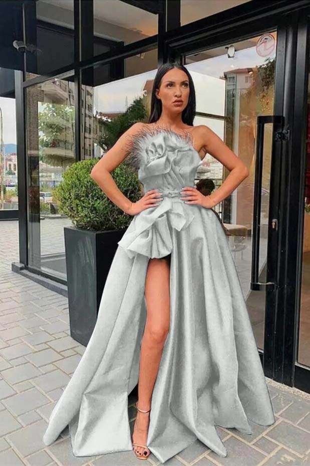 Black Long Split Prom Dress With Feather | Zelldresses