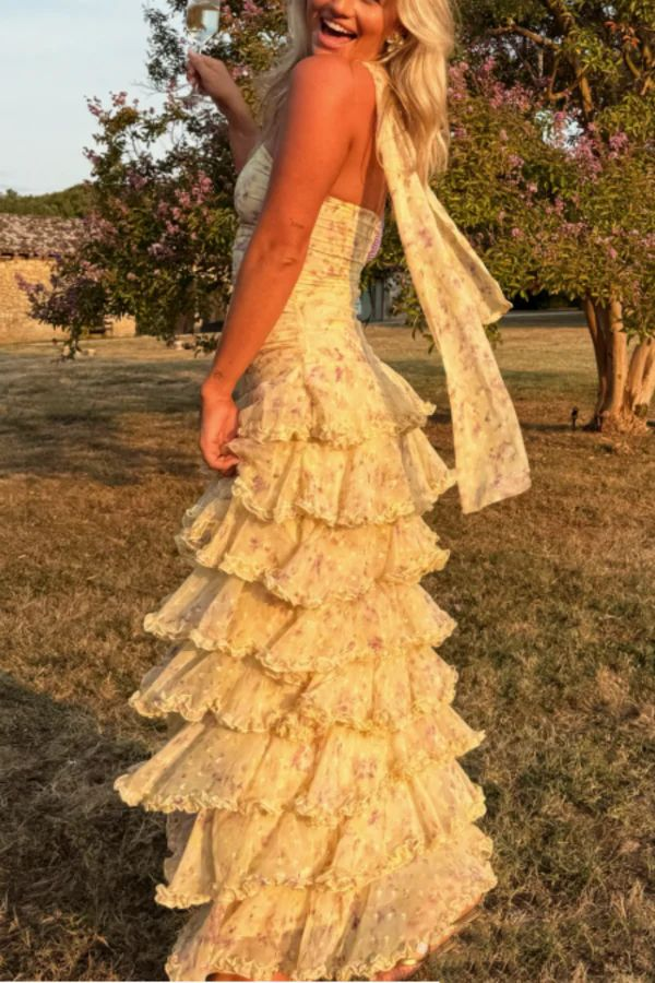 Strapless Yellow Chiffon Floral Long Prom Dresses Party Dress 22th Birthday Outfits Graduation Dress cg26097