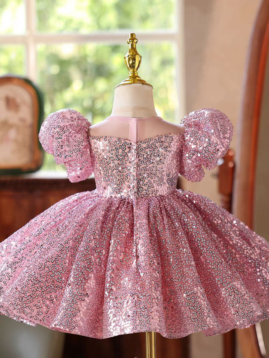 Sparkly Pink Sequin Flower Girl Dress Princess Birthday Party Gown D187