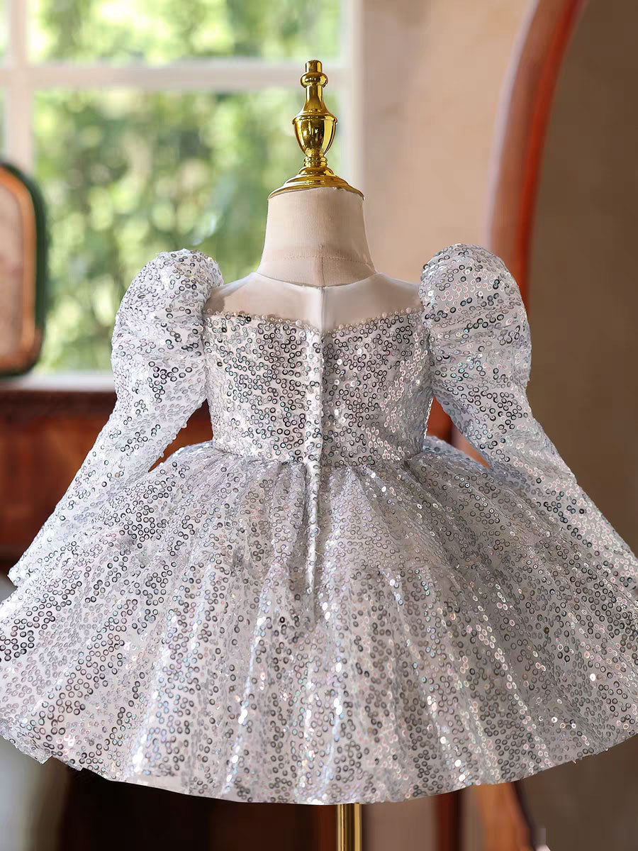 Luxury Silver Sequin Girl Dress Princess Birthday Party Gown D185