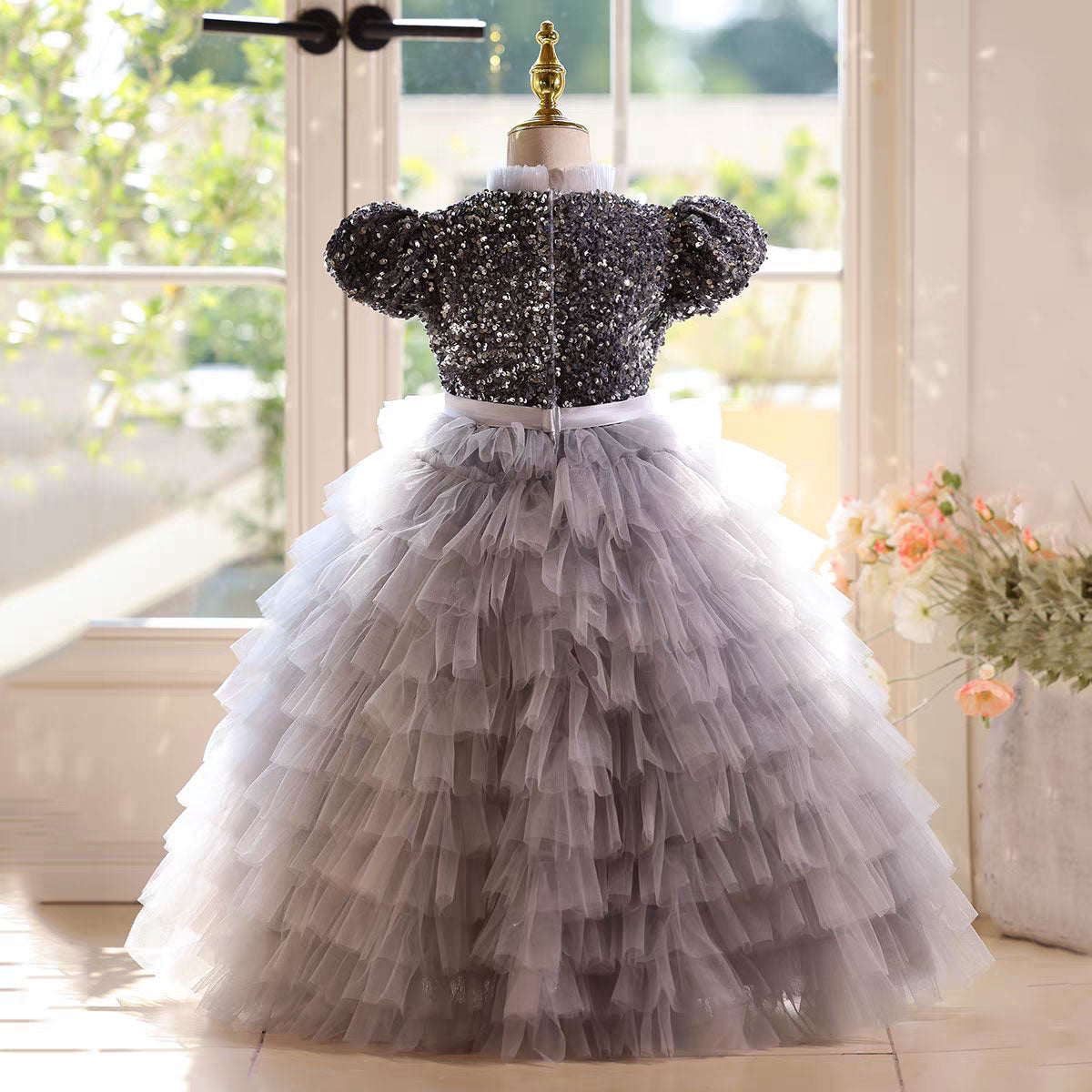 Elegant Gray Sequin Flower Girl Dress Princess Birthday Party Gown D184