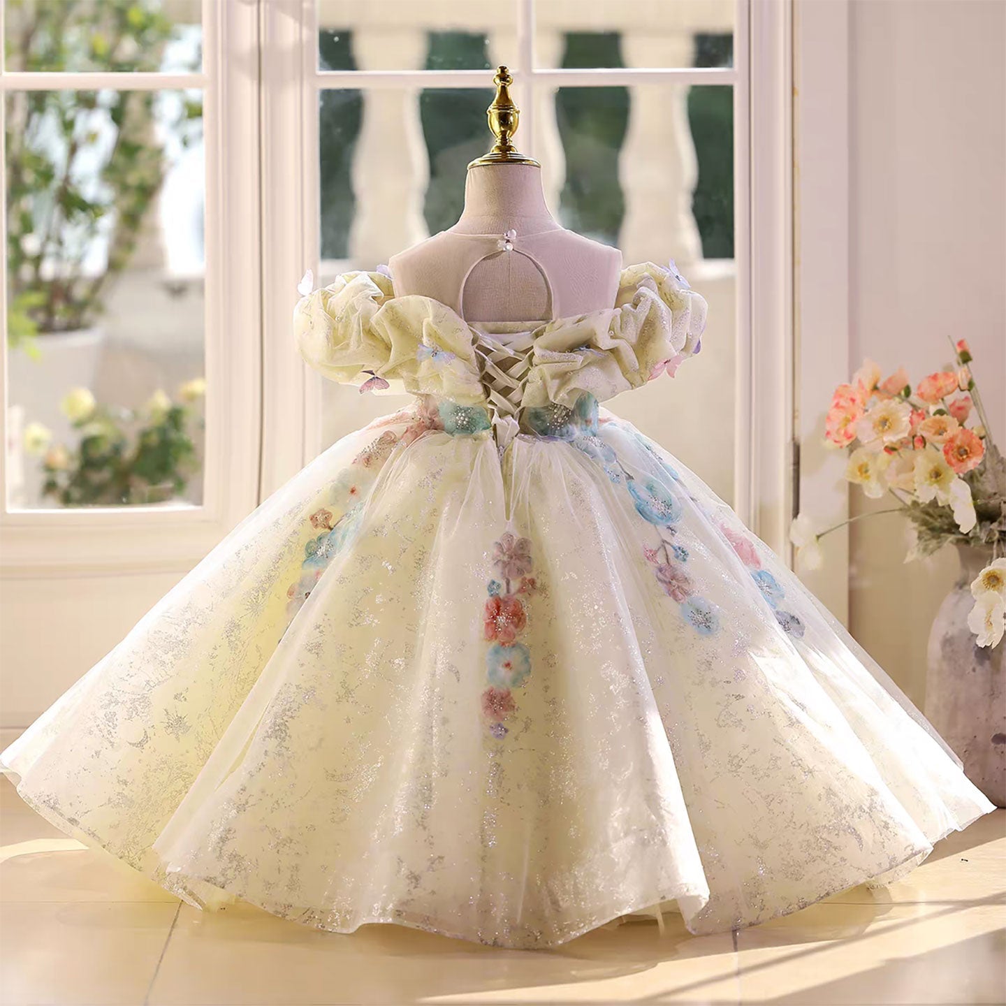 Fairytale Yellow Flower Girl Dress with 3D Floral Appliqués D124
