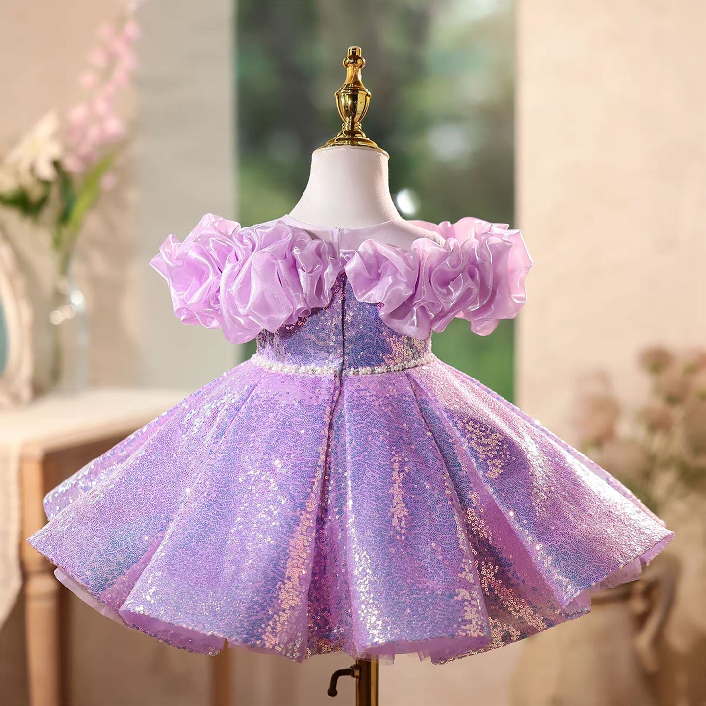 Lavender Flower Girl Dress with Sequins Pearl Accents Birthday D118