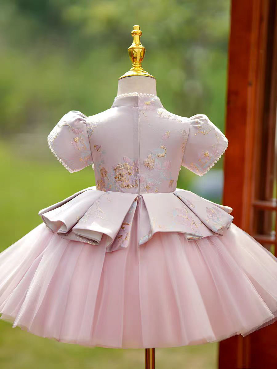 Elegant Pink Chinese Style Flower Girl Dress with Pearl Embroidery D177