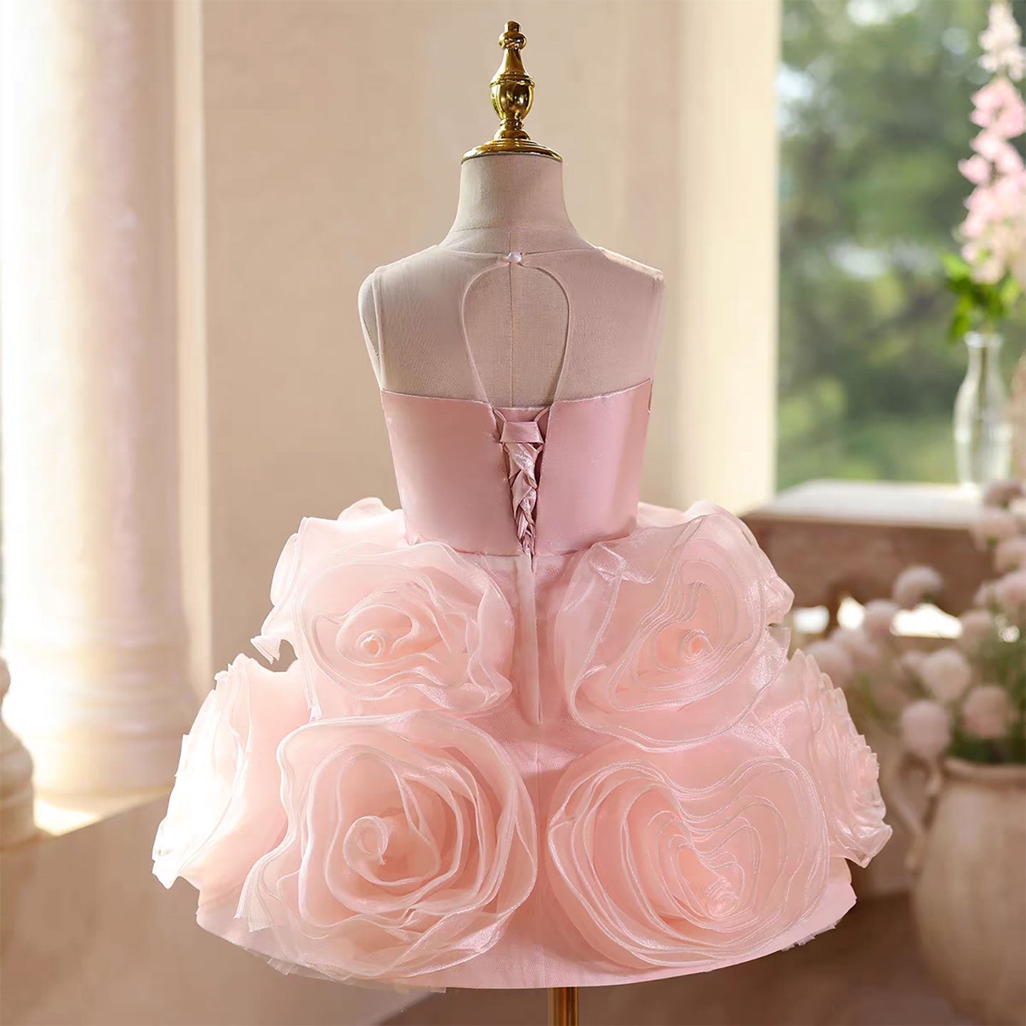 Pink 3D Rose Flower Girl Dress for Toddler Birthday Wedding Party D109