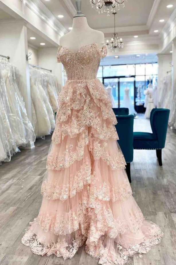 Princess Pink Prom Dress with Train,Long Formal Dresses Graduation