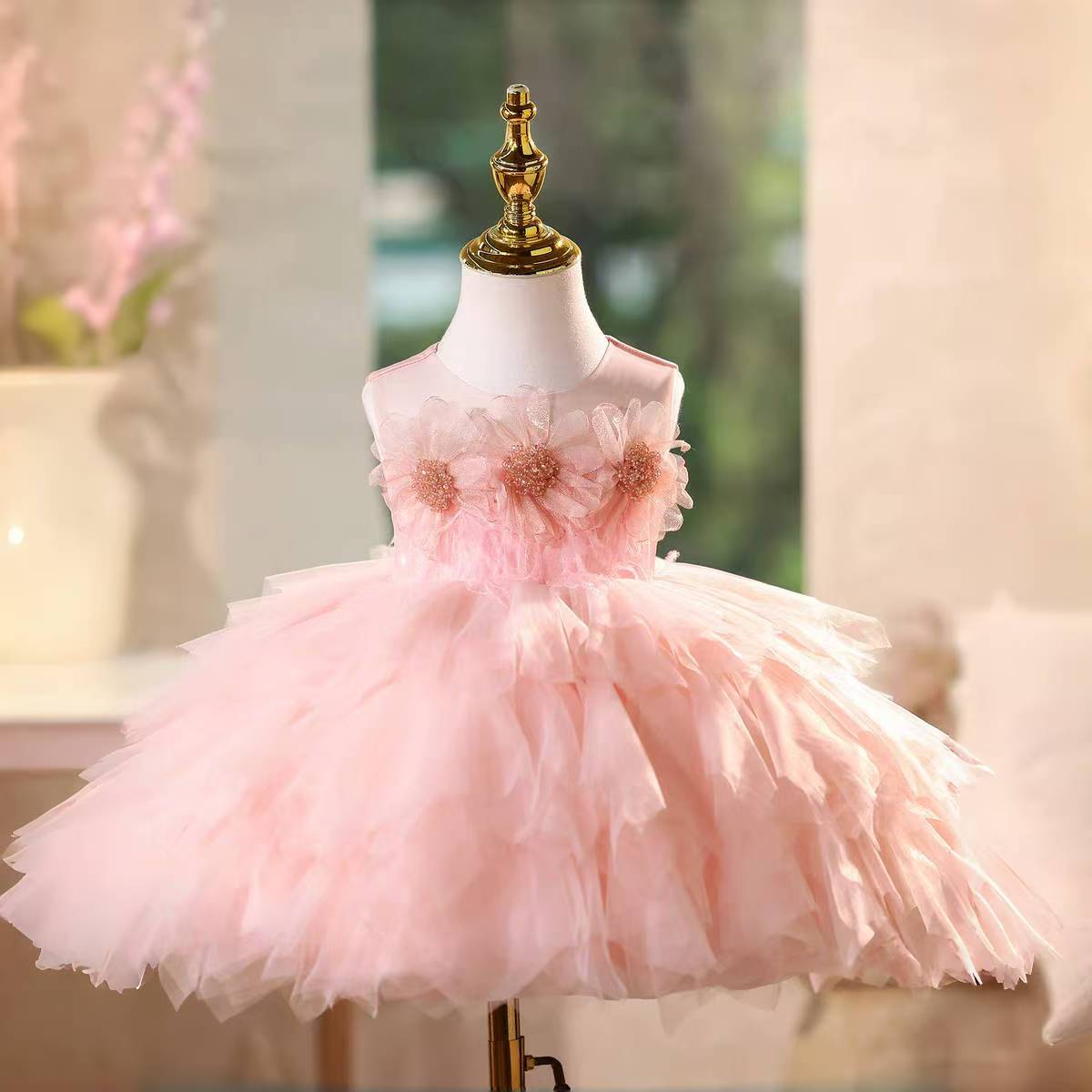 Gray Birthday Gown with Puffy Tulle Ruffles Flower Girl Dress J575