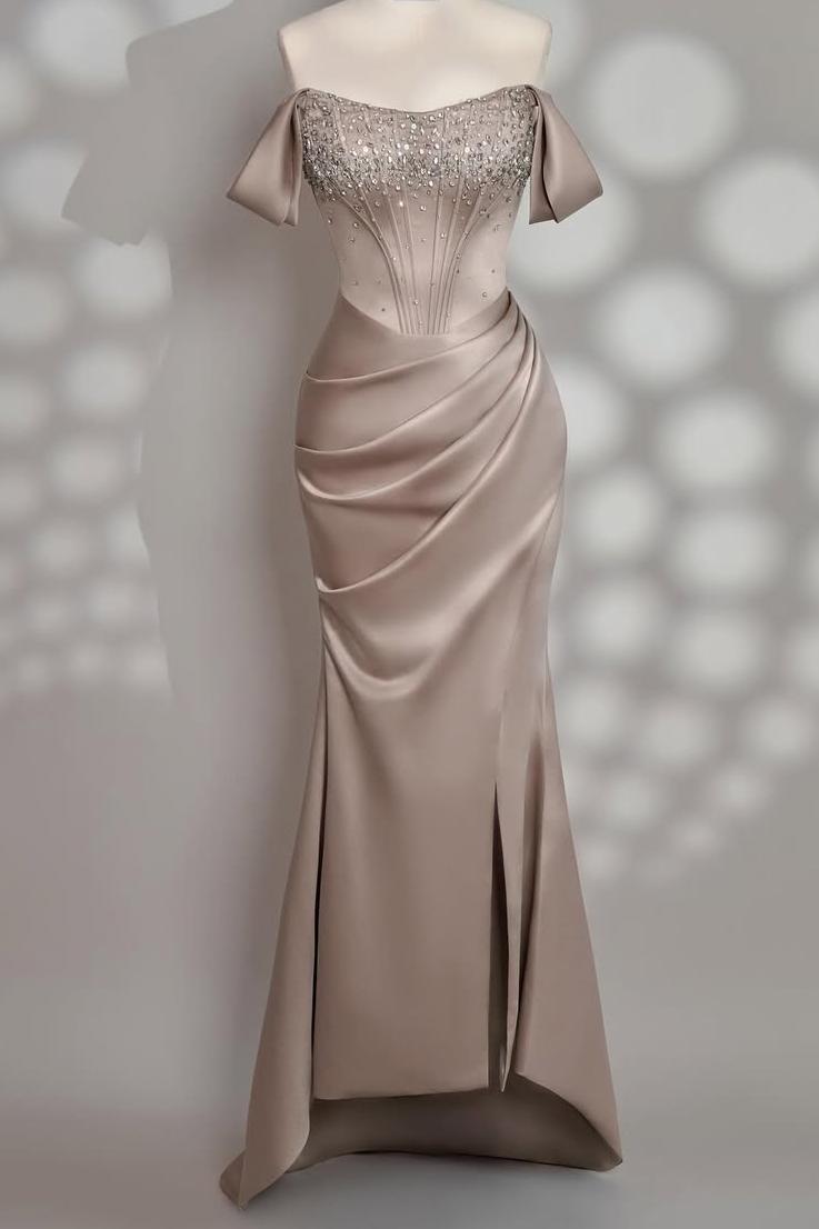 Charming Taupe Satin Off the Shoulder Strapless Long Split Prom Dress with Beadings | Zelldresses