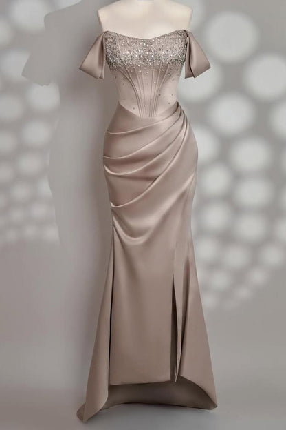 Charming Taupe Satin Off the Shoulder Strapless Long Split Prom Dress with Beadings | Zelldresses