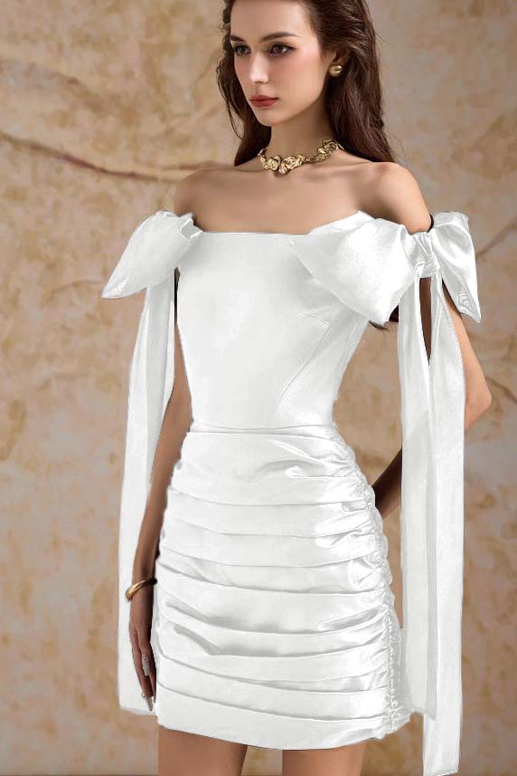 Off the Shoulder Sleeveless Short Homecoming Dress With Bowknot Pleated HC0188