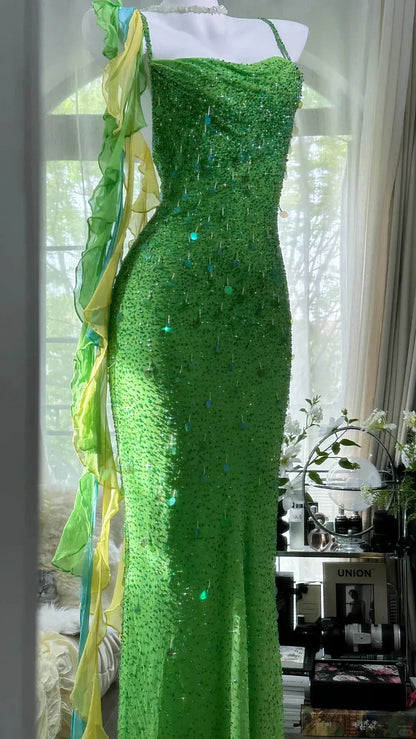 Shiny Sheath Spaghetti Strap Sequin Beaded Green Chiffon Open Back Party Dress Evening Dress SH2874