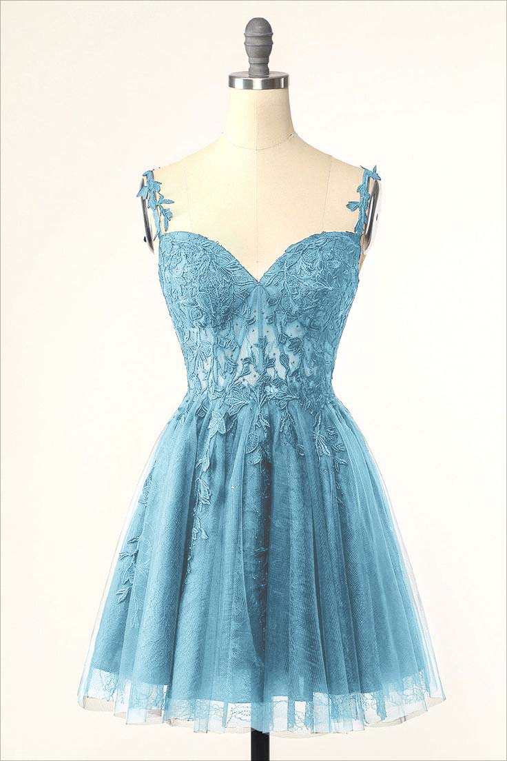 Dark Navy Tulle Sweetheart Spaghetti Strap Sleeveless Homecoming Dress With Embroidery HC0020
