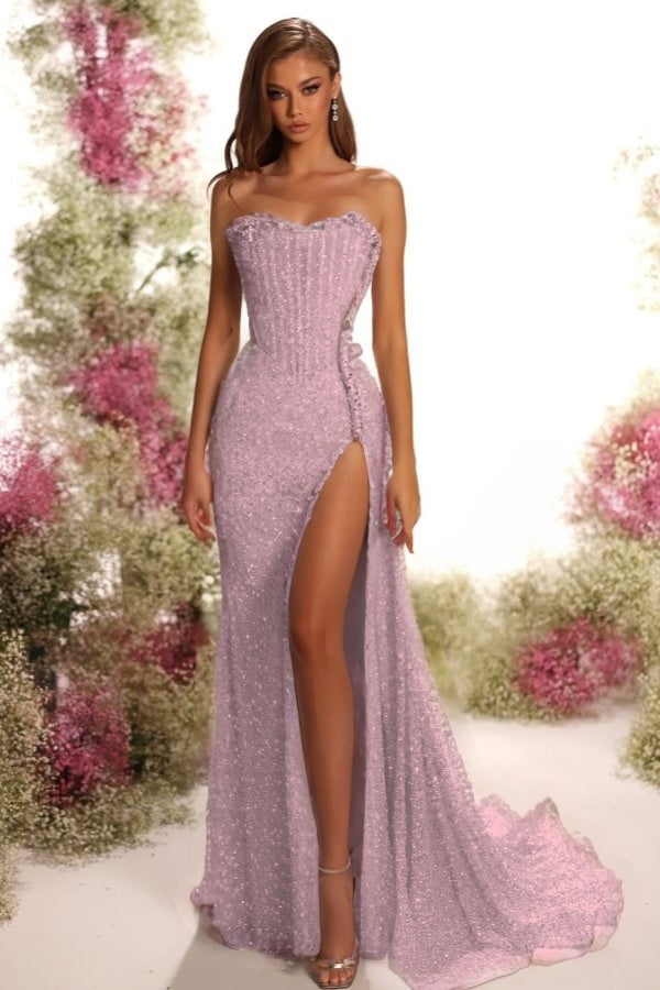 Strapless Sleeveless Long Split Prom Dress With Pleated Sequins ZT0541