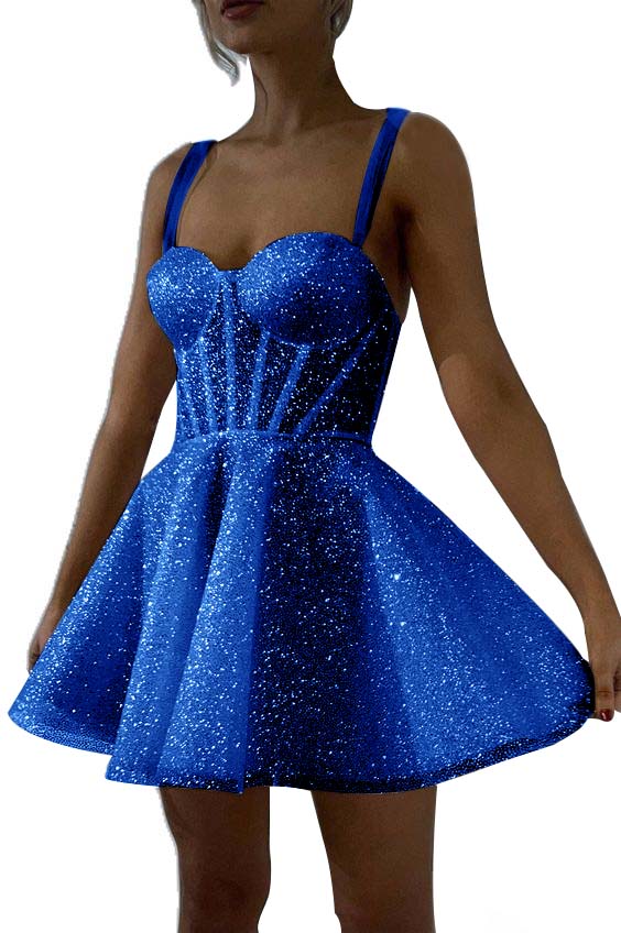 Hellodresses White Sequins Spaghetti Strap Sleeveless A Line Short Homecoming Dress