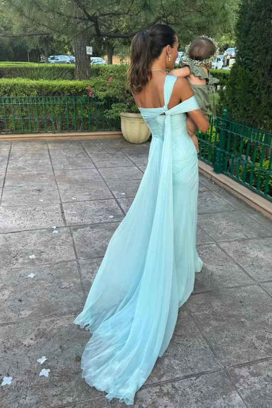 zelldressess-Blue Elegant Long Chiffon Bridesmaid Dress Wedding Guest Party Dress gh5948