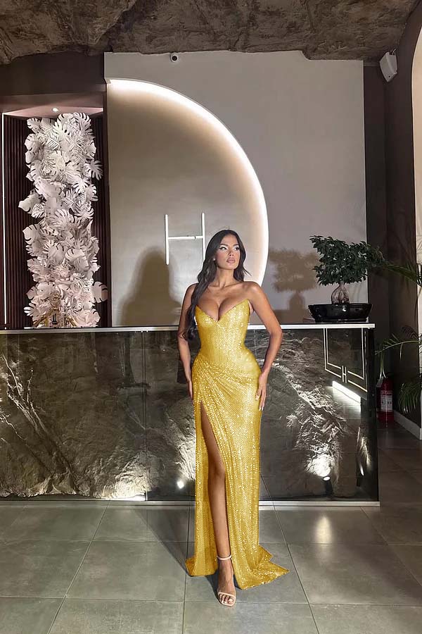 Sequin Strapless Sleeveless Long Split Prom Dress With Pleated ZT0524