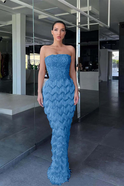 Charming Blue Prom Dress Off-the-Shoulder with Feather Beadings ED0535