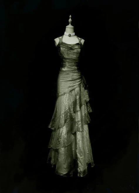 Green/champagne Vintage Elegant Long Lace Ruffle prom dress Evening Dress gh3444