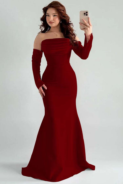 Strapless Long Sleeves Long Mermaid Prom Dress With Pleated XJ0765