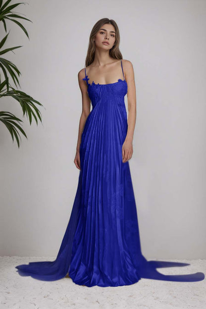 Stunning Spaghetti-Straps Pleated Sheath Appliques Prom Dress With Detachable Train XJ0176