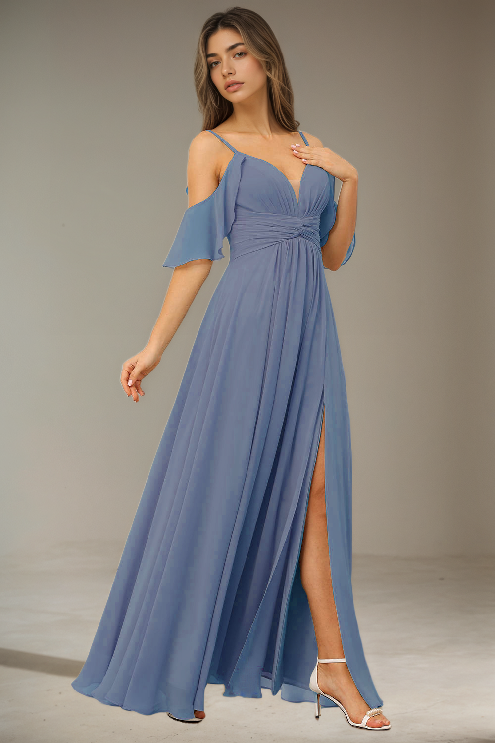 Flowing Straps Sleeveless Bridesmaid Dresses Floor Length with Split CK01
